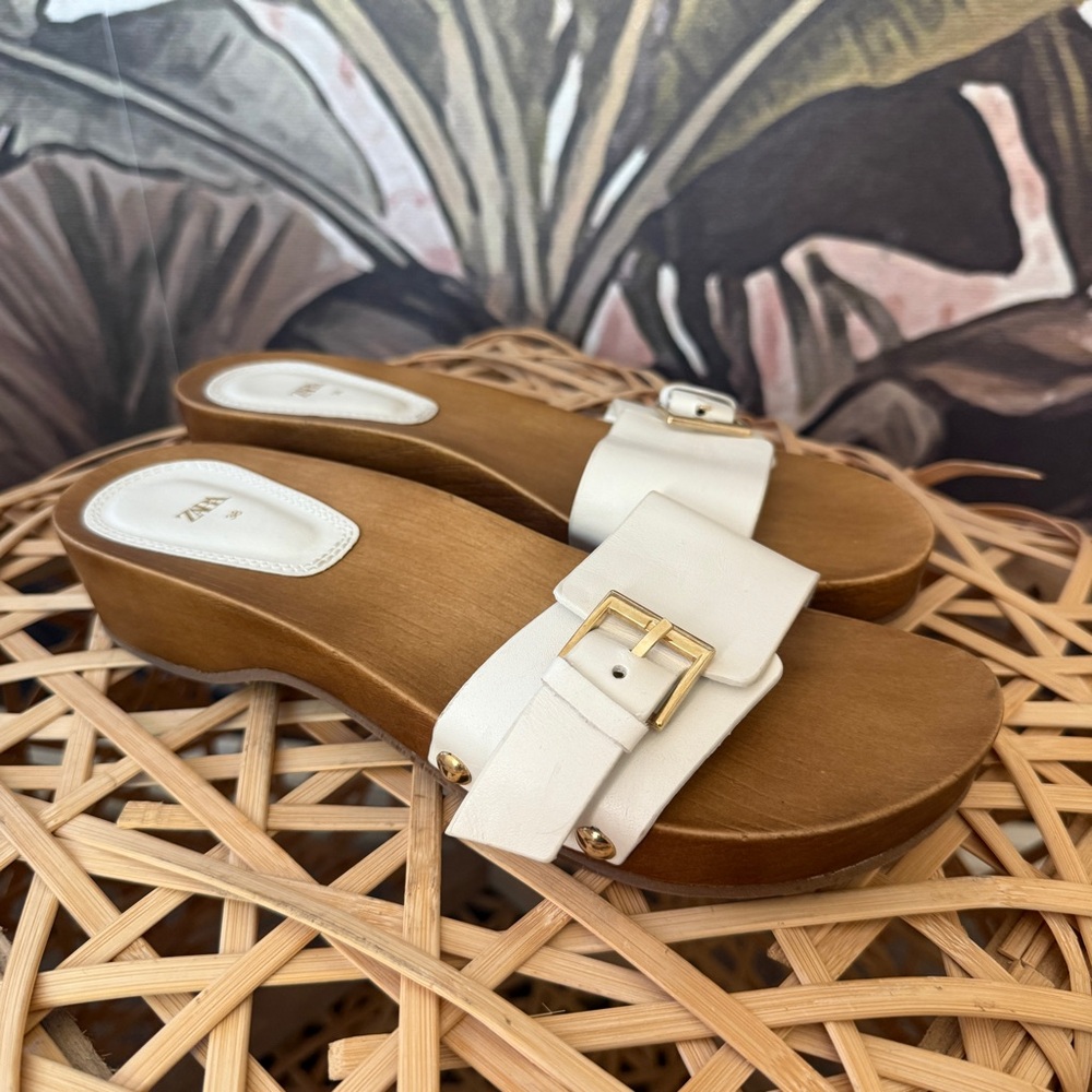 Zara Cream Leather Buckle Platform Slide Sandals - Picture 1 of 5